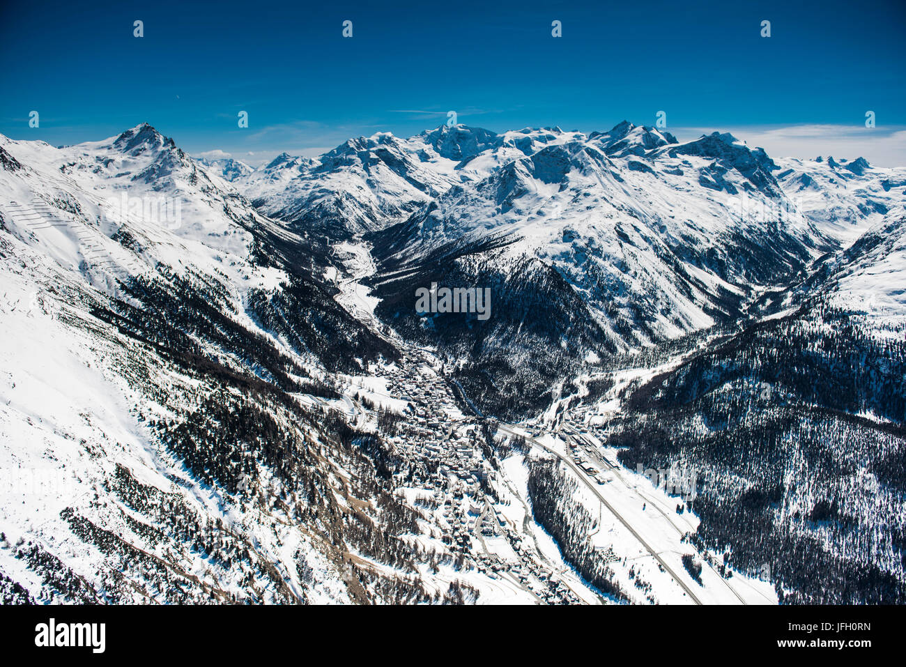 PontHarza mit Berninagruppe und Val Roseg, Luftbild, Kanton Graubünden, Engadin, Schweiz Stockfoto