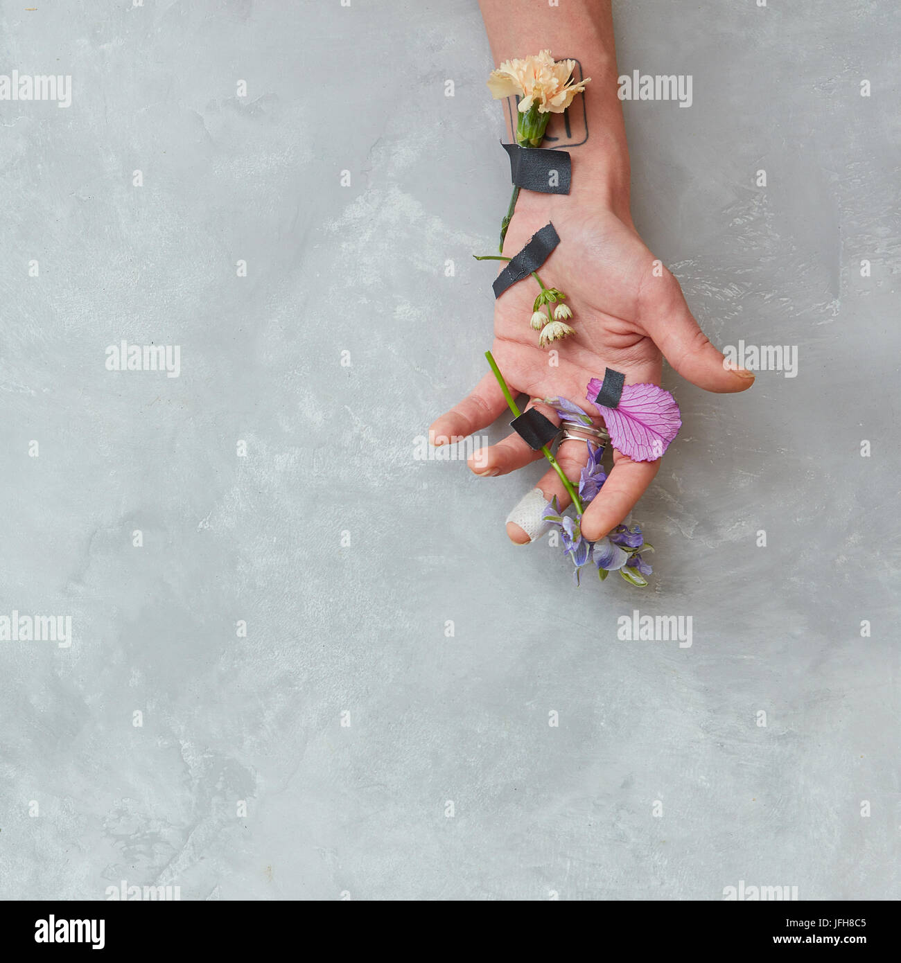 Menschliches Wesen Hand mit Blumen Stockfoto