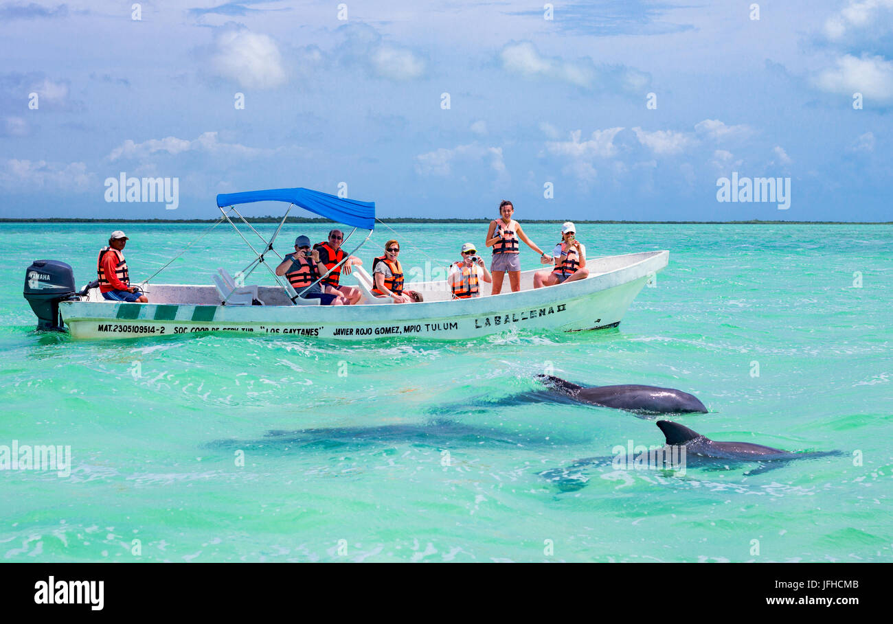 Quintana Roo, Mexiko - 17. April 2016: Touristen, die Delfine in Sian Ka Laggon reservieren Stockfoto