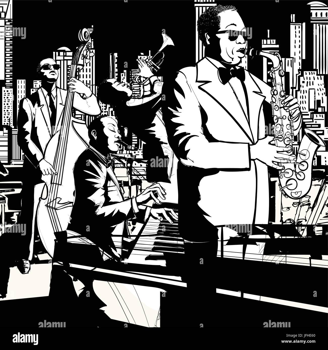 Jazz Band spielt in New York - Kontrabass-Saxophon, Trompete und Keyboard - Vektor-illustration Stock Vektor