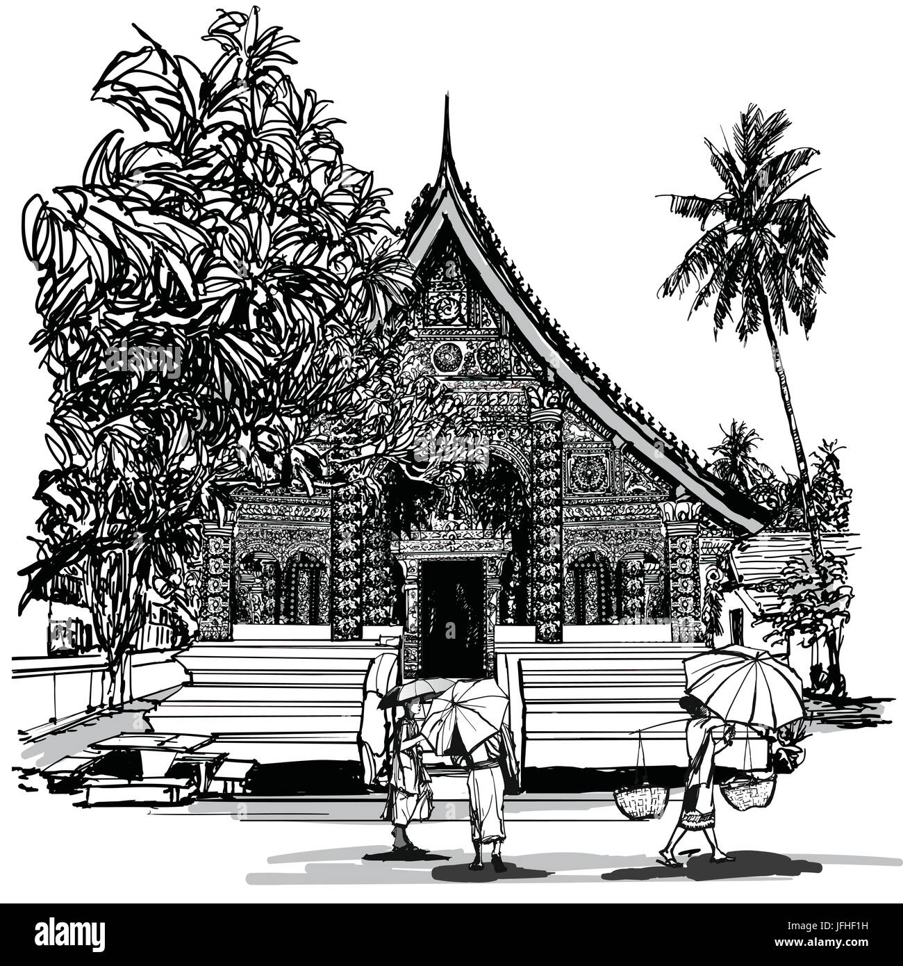 Buddhistischer Tempel in Asien mit Mönchen - Vektor-illustration Stock Vektor