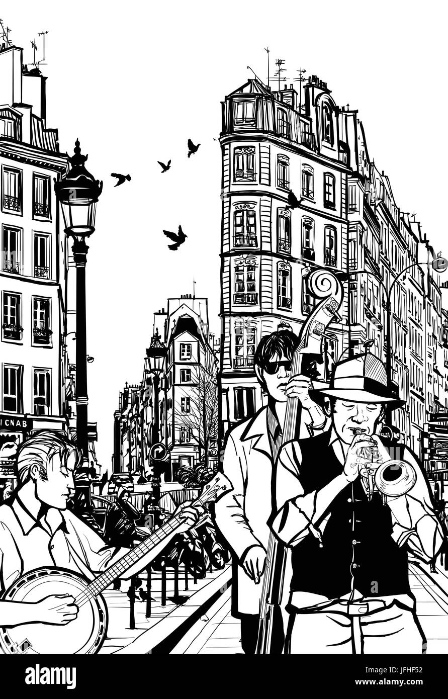Jazz-Band in einer Straße von Paris - Vektor-Illustration Stock Vektor
