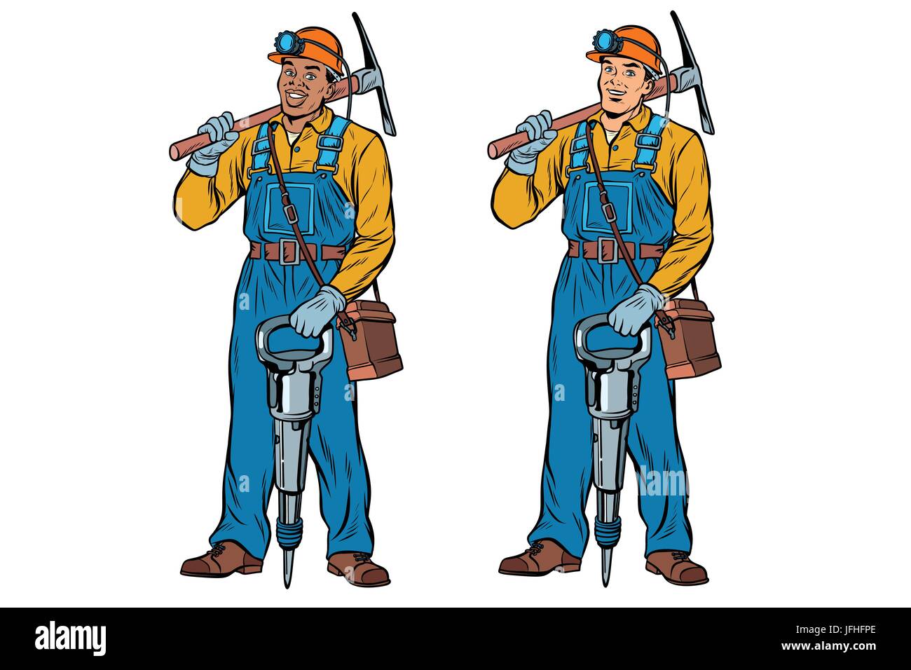 Afrikanische und kaukasischen Bergleute mit Presslufthammer Spitzhacke. Pop-Art-Retro-Vektor-illustration Stock Vektor