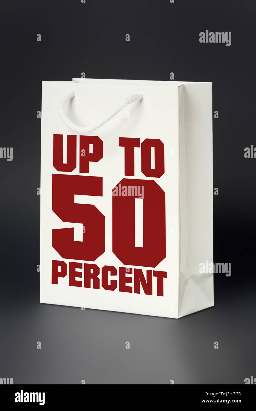 Weiß Einkaufstasche bis zu 50 Prozent Stockfoto