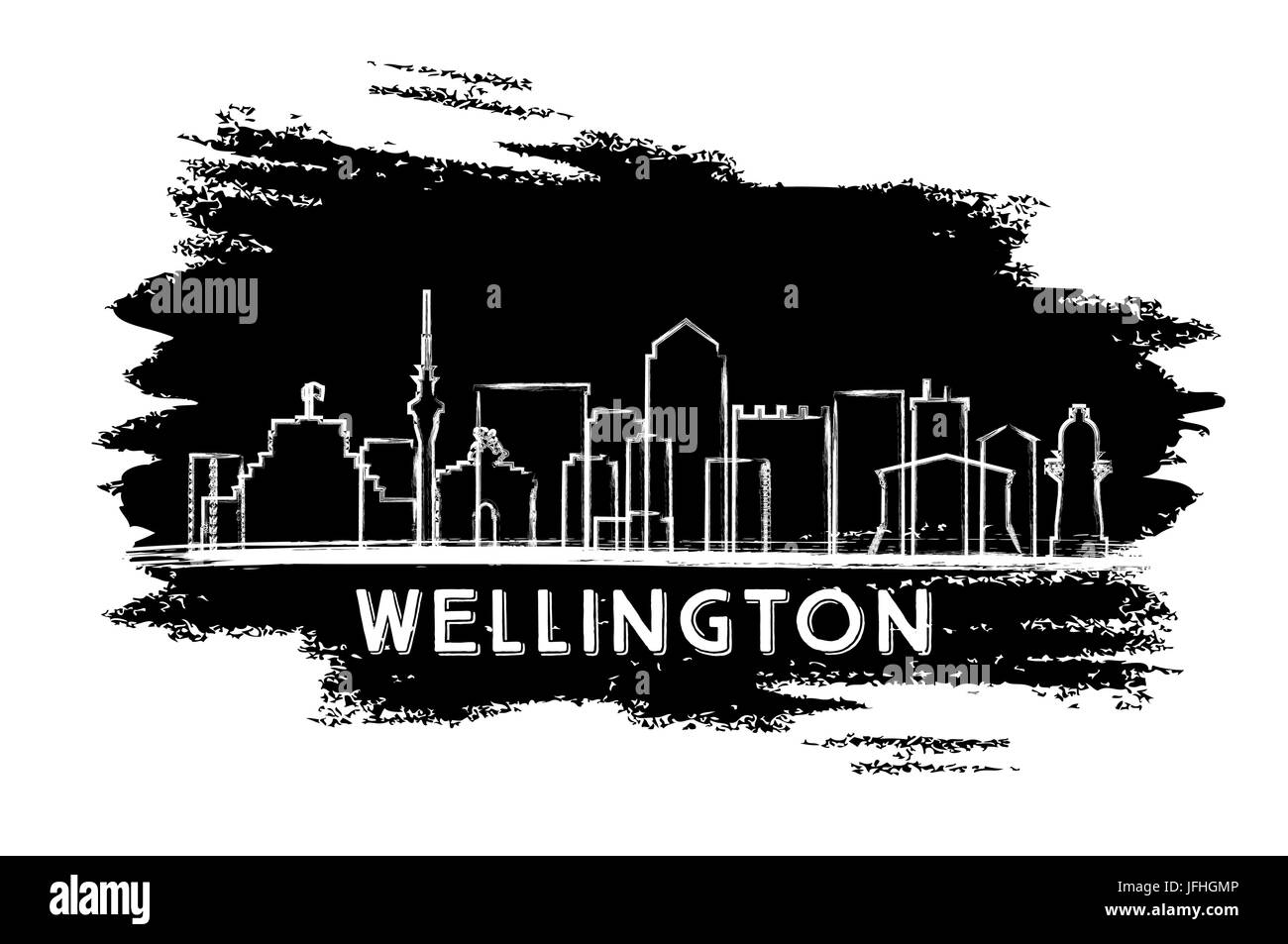 Wellington skyline Silhouette. Hand gezeichnete Skizze. Vector Illustration. Business Travel und Tourismus Konzept mit moderner Architektur. Stock Vektor