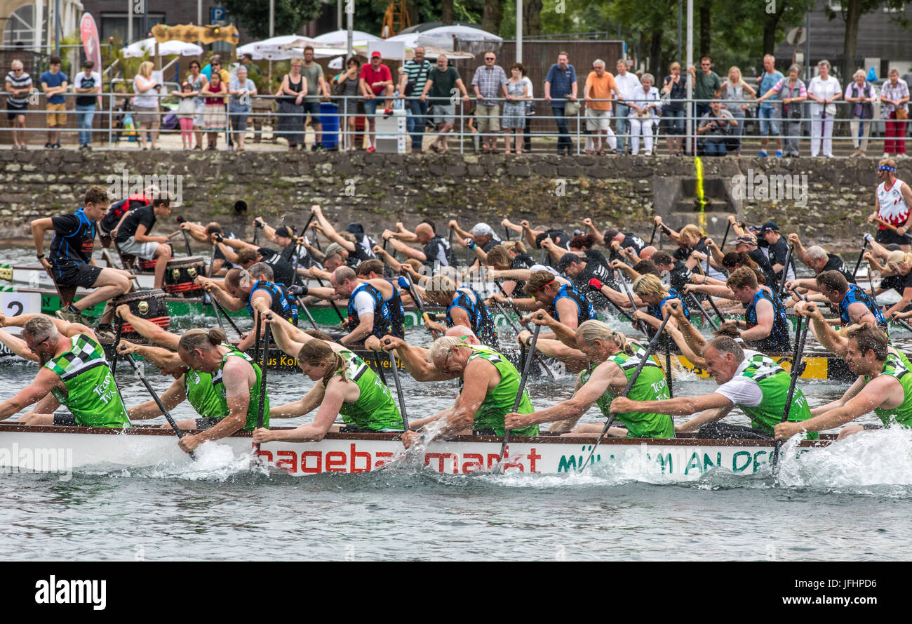 Drachenboot-Regatta in den inneren Hafen Duisburg, Deutschland, racing in der Landschaft der alten und Neubau Hafen, die größte Freizeit-Zeit-dragonboa Stockfoto