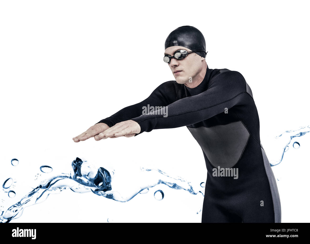 Zusammengesetztes Bild des Schwimmers im Neoprenanzug beim Tauchen Stockfoto