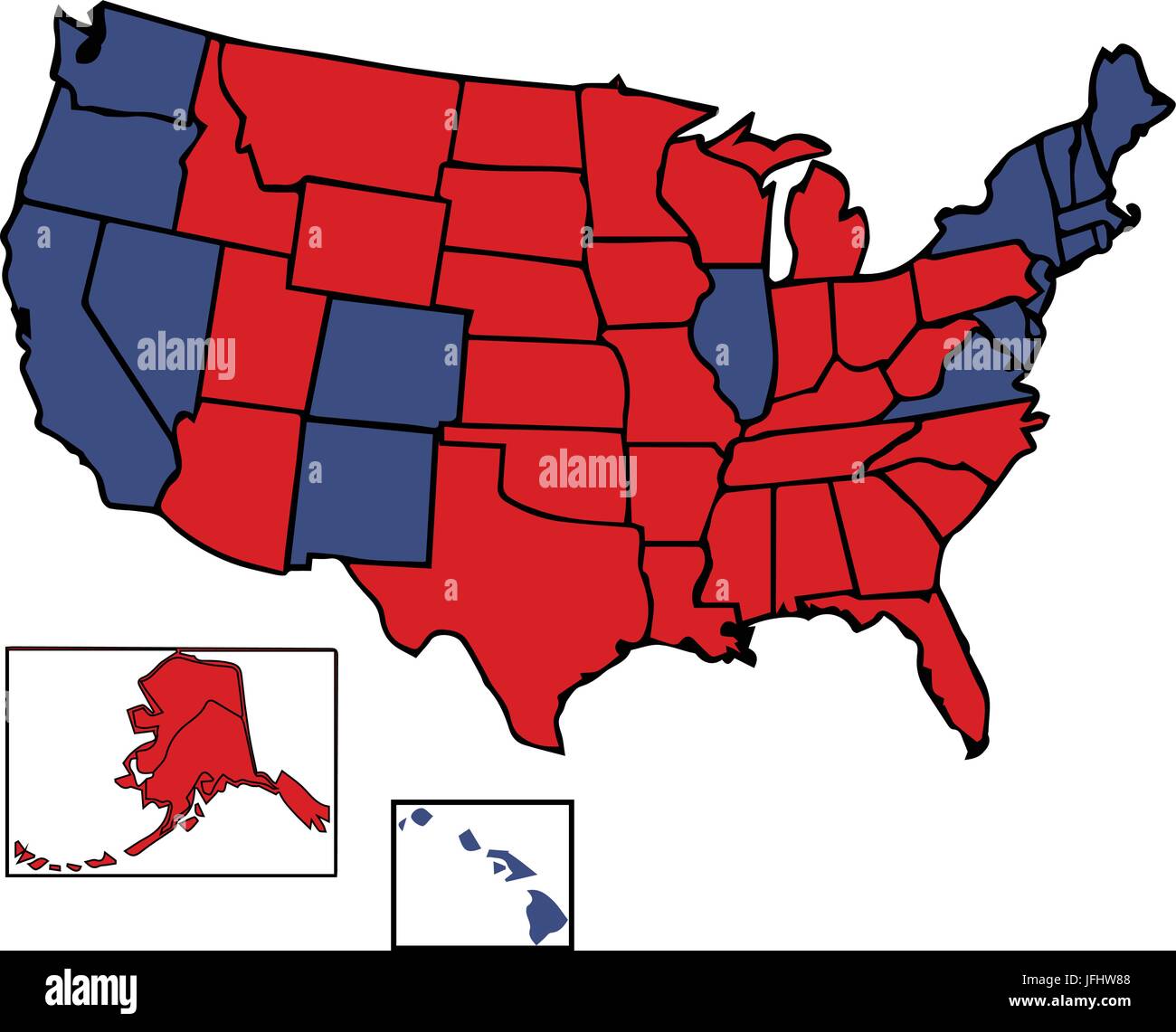 Allgemeine Wahlen Karte von 50 Vereinigten Staaten republikanische rot, Demokrat blau für die allgemeine Präsidentschaftswahlen vollständig anpassbar in Vektor gefärbt Stock Vektor