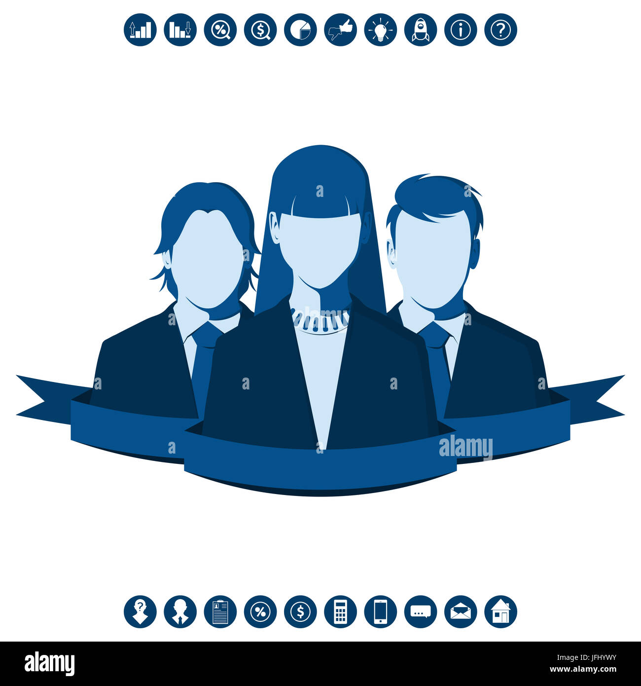 Männliche und weibliche Silhouetten von Geschäftsleuten, die isoliert auf weißem Hintergrund. Business Team, geführt von einer Frau. Menschen Teamarbeit flache Abbildung. Stockfoto