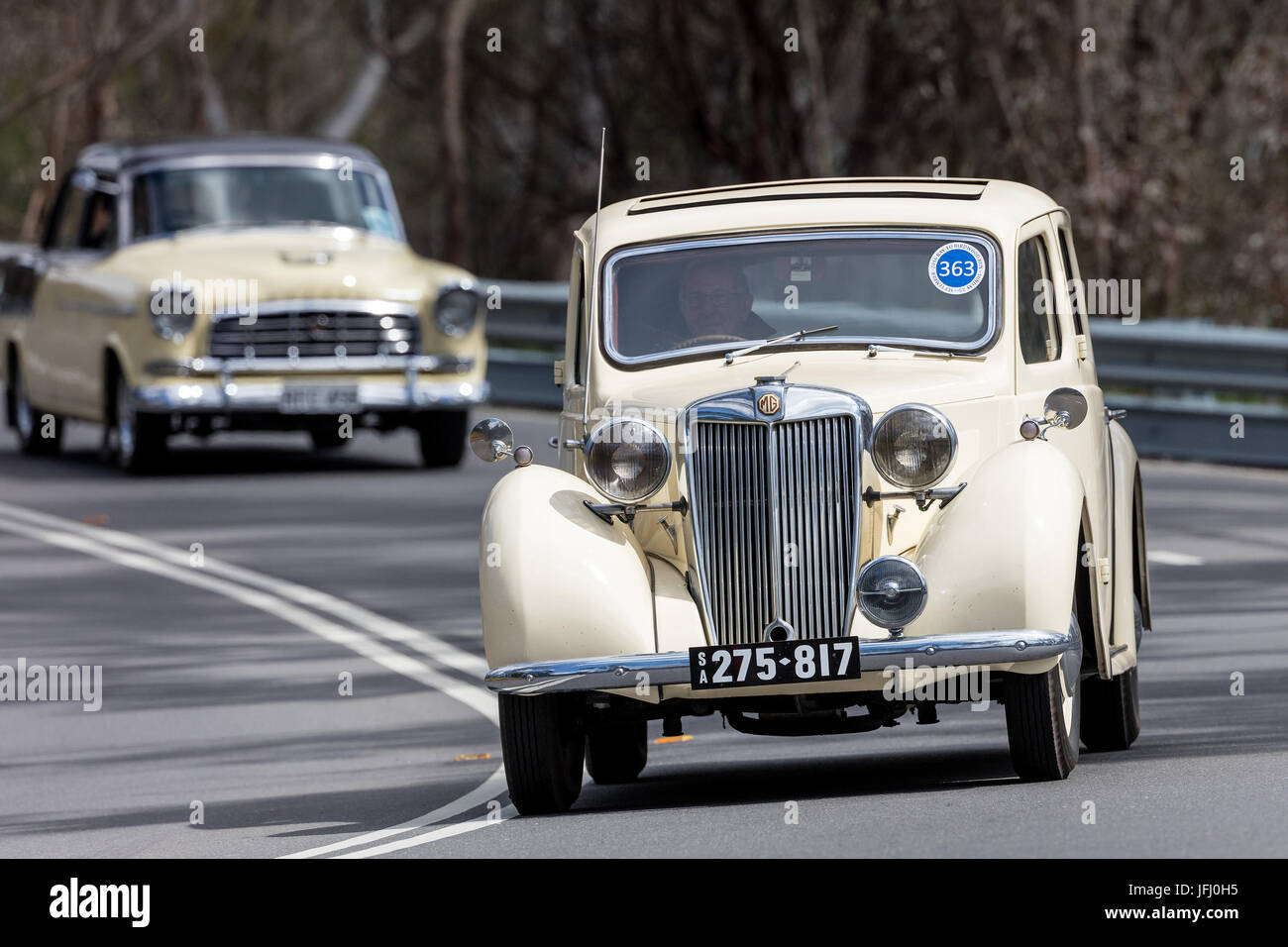 Jahrgang 1949 MG Y Limousine fahren auf der Landstraße in der Nähe der Stadt Birdwood, South Australia. Stockfoto