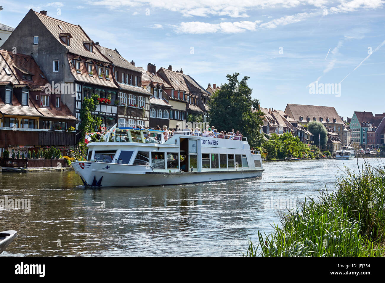 Bamberg, klein Venedig, Urlaub Schiff auf der Regnitz Stockfoto