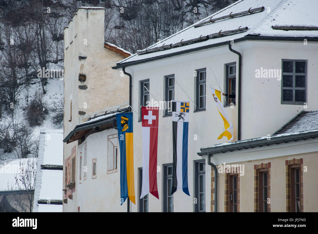 Schweiz, Kanton Graubünden, Müstair, Benediktiner-Abtei St. Johann im Münstertal, Stockfoto