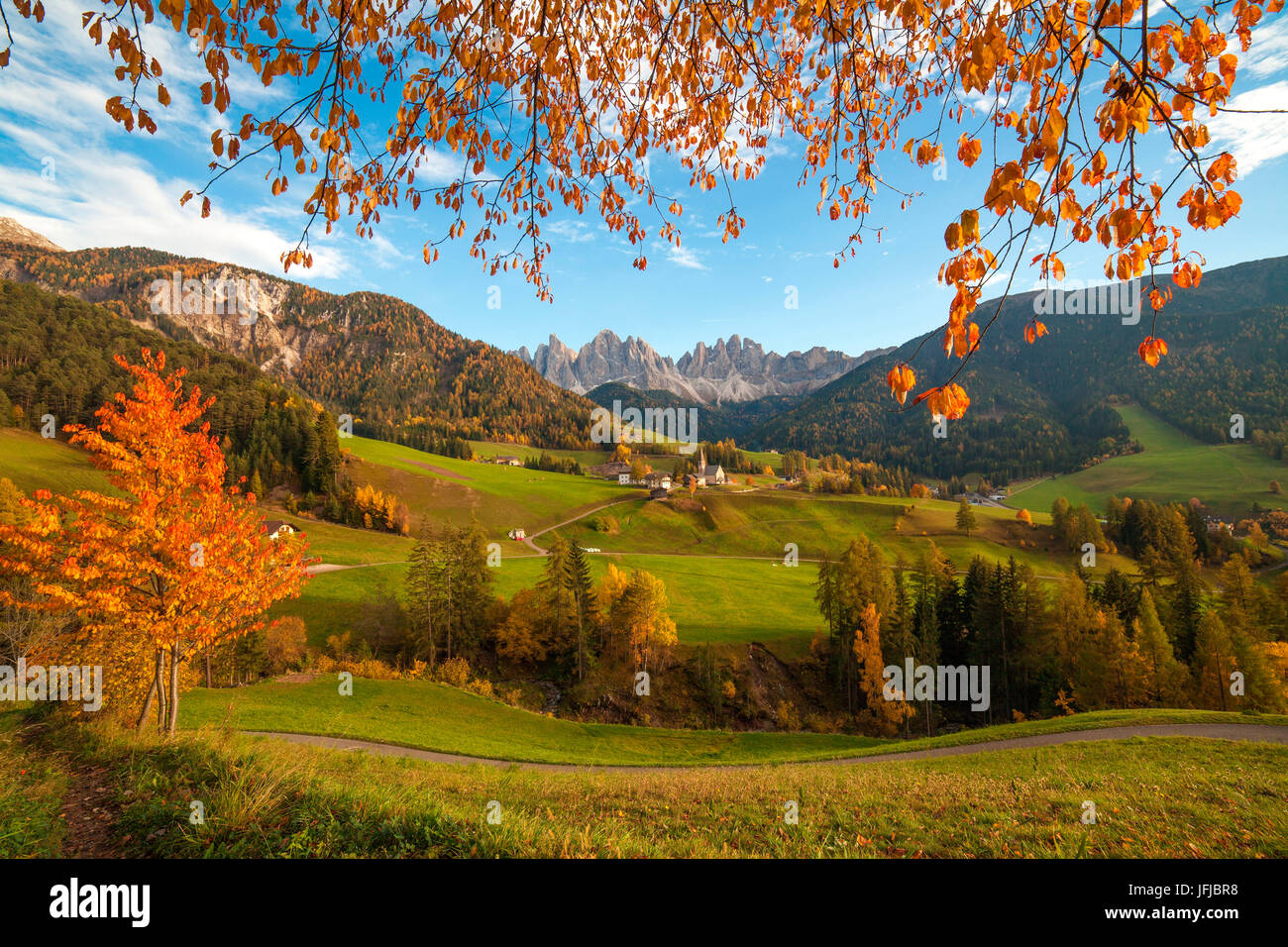 Val di Funes mit der Ortschaft Santa Maddalena, im Hintergrund die Geisler, in diesem Bild natürlich umrahmt von den Farben des Herbstes Blätter, Südtirol, Dolomiten, einen klassischen Blick auf die Dolomiten mit grünem Rasen, Bäume mit hellen Farben und azurblauen Himmel, Stockfoto
