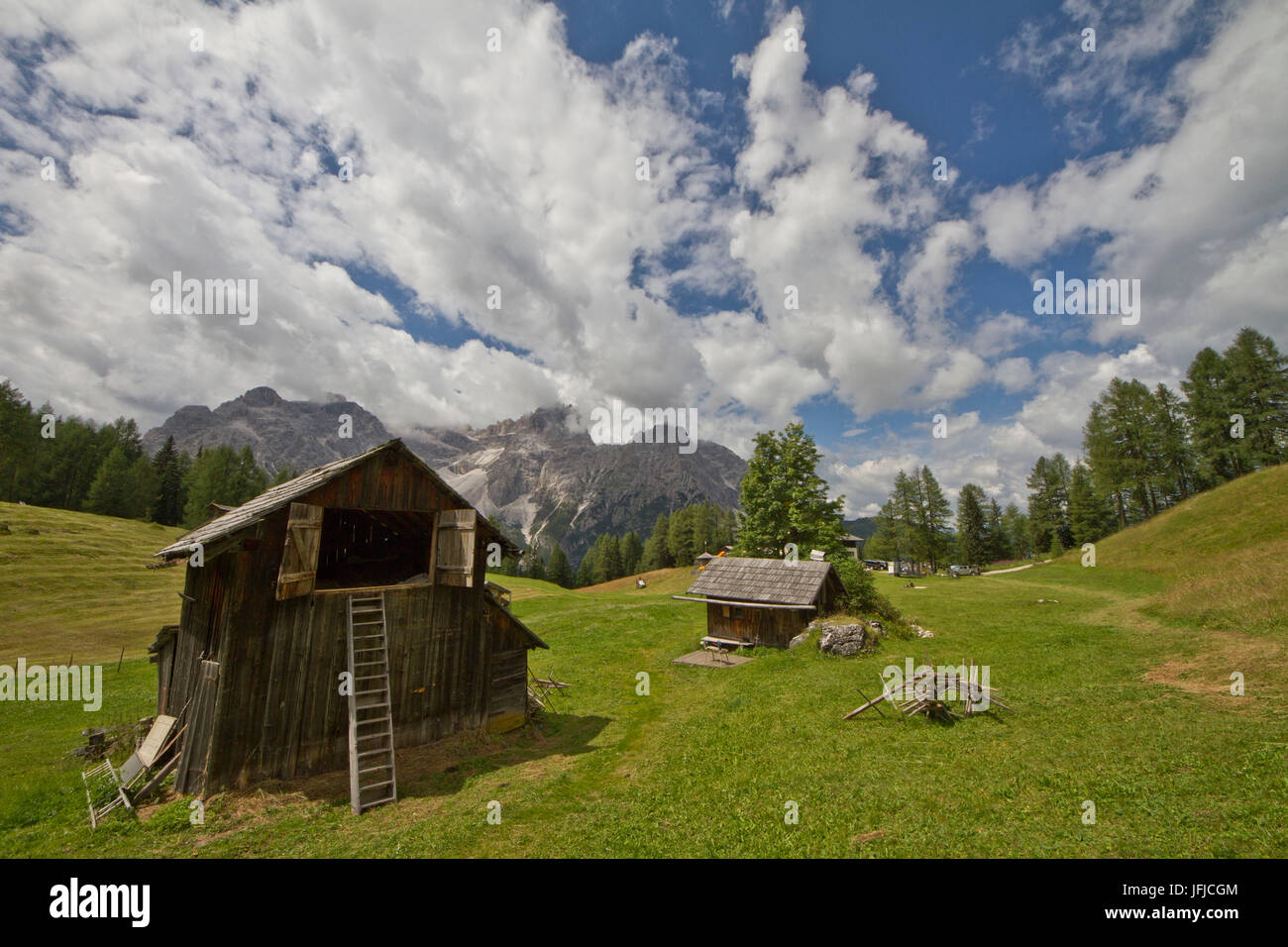 Plateau der Croda Rossa mit seinen Scheunen auf dem grünen Rasen im Sommer, Val Fiscalina, Fischleinvalley, Südtirol Stockfoto