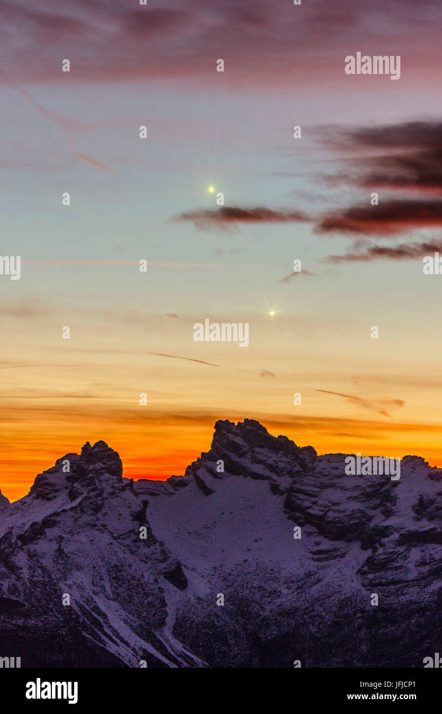 Venus, Merkur, Tamer Grande, Dolomiten, Veneto, Belluno, Italien, Sonnenuntergang über Tamer Grande Stockfoto
