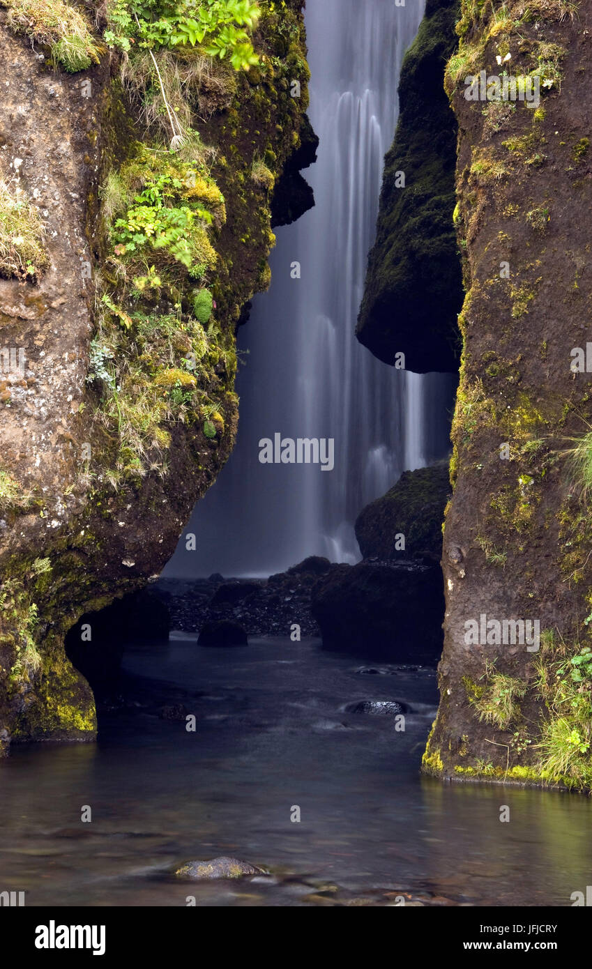 Der Wasserfall von Gljufurarfoss ist in eine felsige Bucht verborgen, seine Gewässer bilden einen kleinen Wasserlauf und Lagune, Island Stockfoto