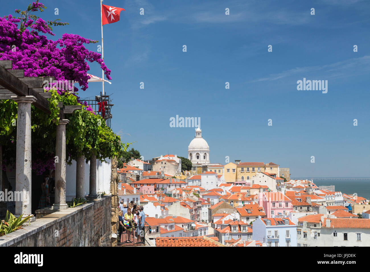 Blumen auf Terrakotta Terrassenüberdachungen Frame und dem alten Dom Miradouro Alfama Aussichtspunkt Lissabon Portugal Europa Stockfoto