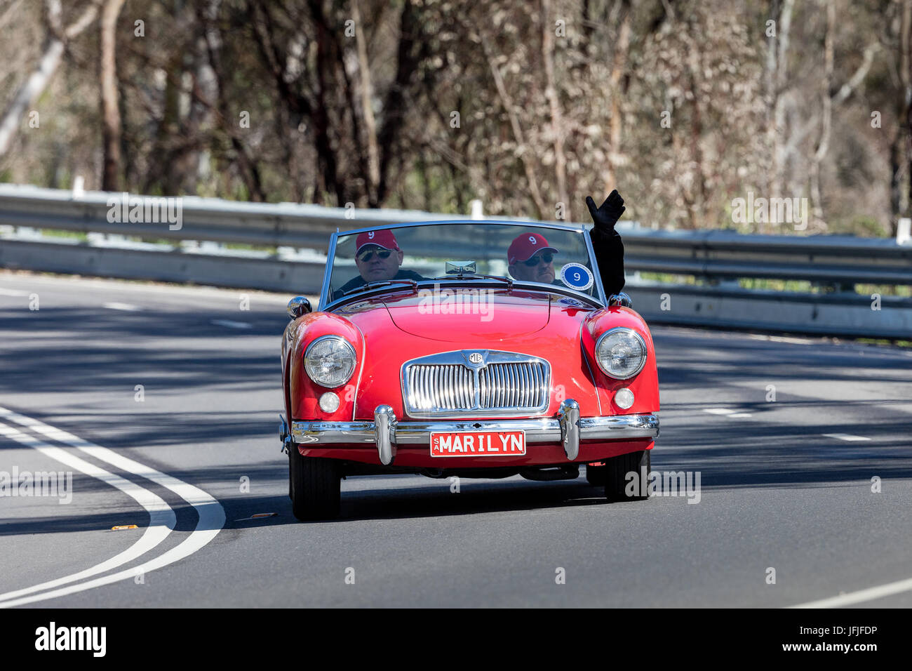 Jahrgang 1957 MG A Roadster fahren auf der Landstraße in der Nähe der Stadt Birdwood, South Australia. Stockfoto