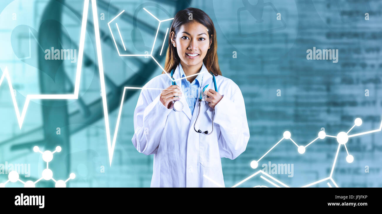 Zusammengesetztes Bild des asiatischen Arzt mit Stethoskop Stockfoto
