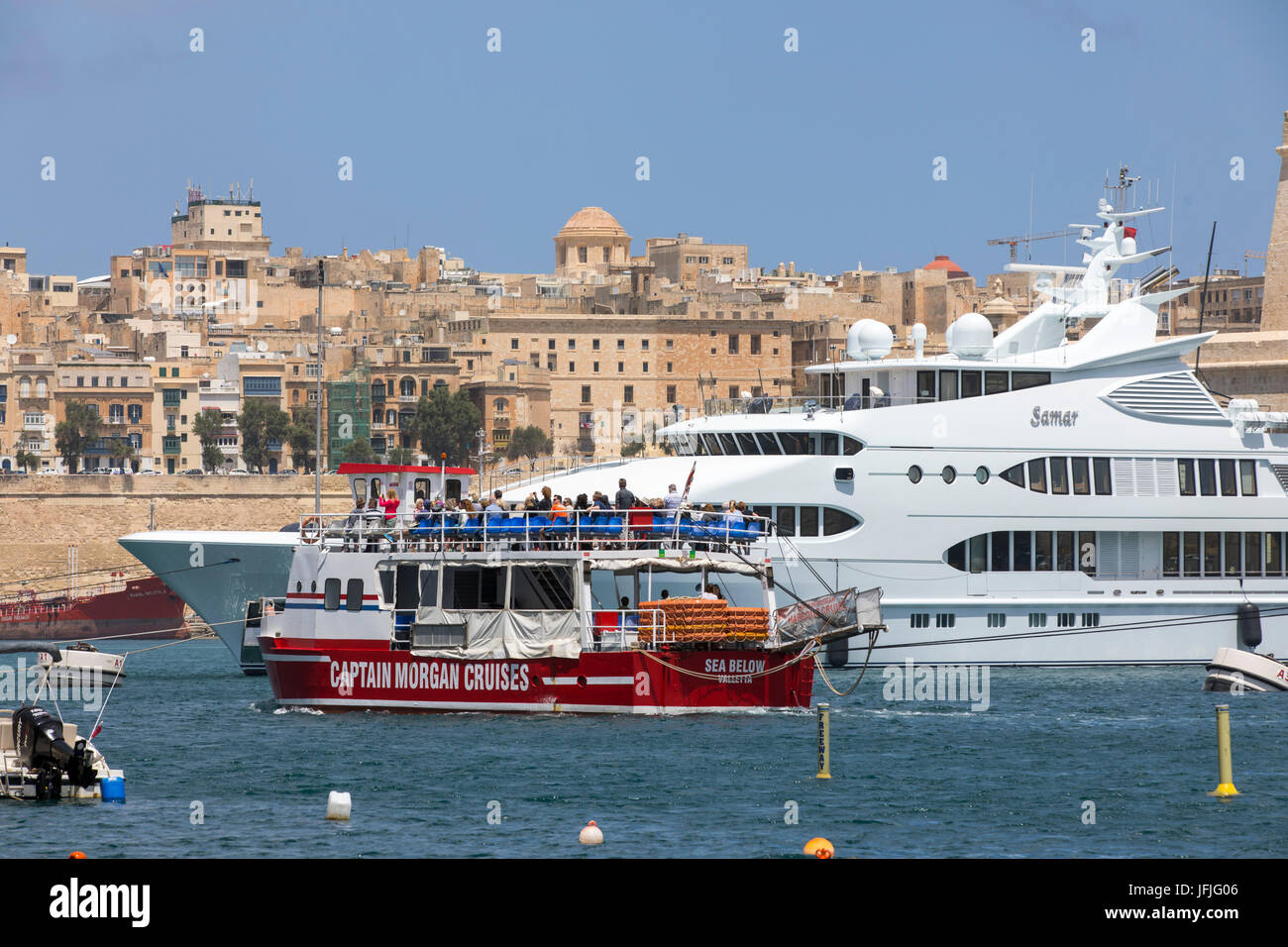 Malta, Valletta, 3-Städte, Grand Harbour, Yachten im Hafen von Birgu, Stockfoto