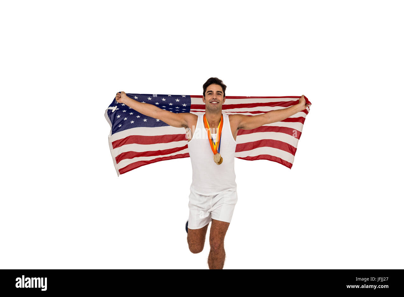 Athlet posiert mit Goldmedaillen und amerikanische Flagge nach Sieg Stockfoto