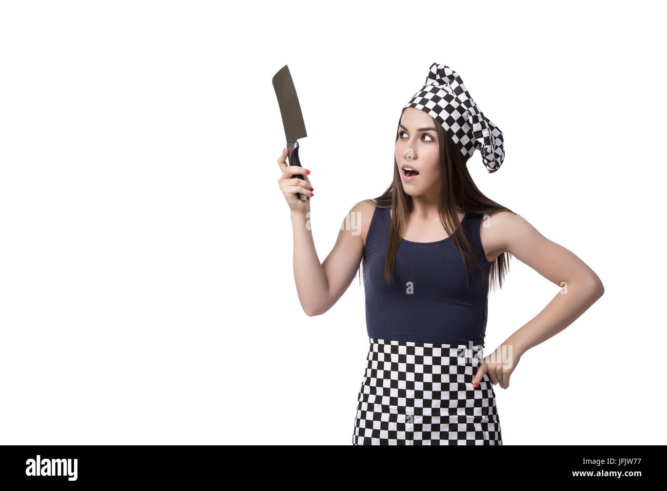 Junge Frau Kochen isolierten auf weißen Hintergrund Stockfoto