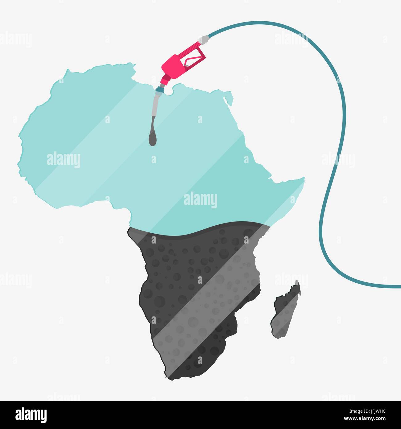 Karte von Afrika durch Öl getankt werden. Gas Pumpe betriebenen Karte. Auf der Karte gibt es Glas Reflexion. Konzeptionelle. Öl produzierenden oder Importländern. Stock Vektor