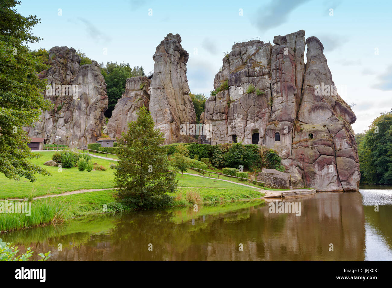 Stone Group den Externsteinen in der Nähe der Stadt Detmold, Deutschland. Stockfoto