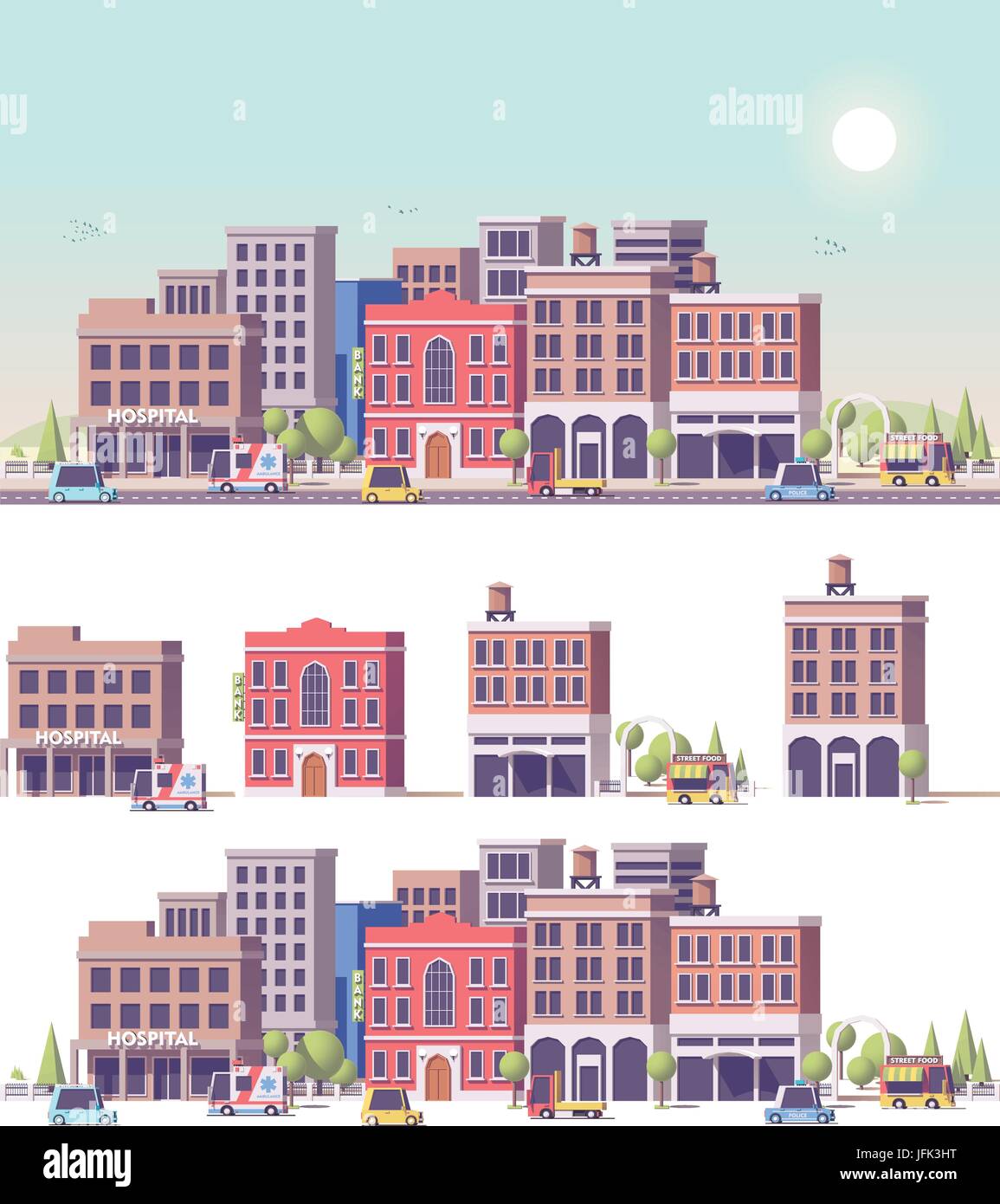 Vektor-low-Poly-2d-Gebäude und Stadtbild Stock Vektor