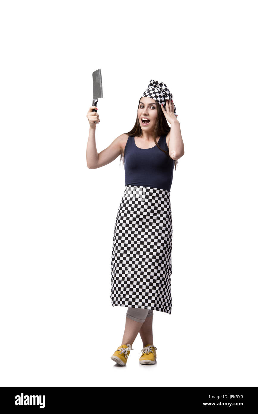 Junge Frau Kochen isolierten auf weißen Hintergrund Stockfoto