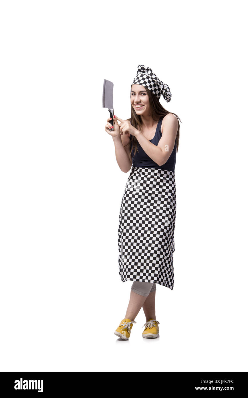 Junge Frau Kochen isolierten auf weißen Hintergrund Stockfoto