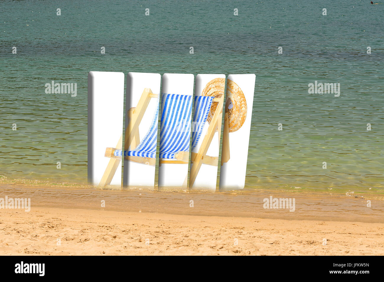 5-geteilte Billboard mit Bild von einem Liegestuhl am Strand. Stockfoto