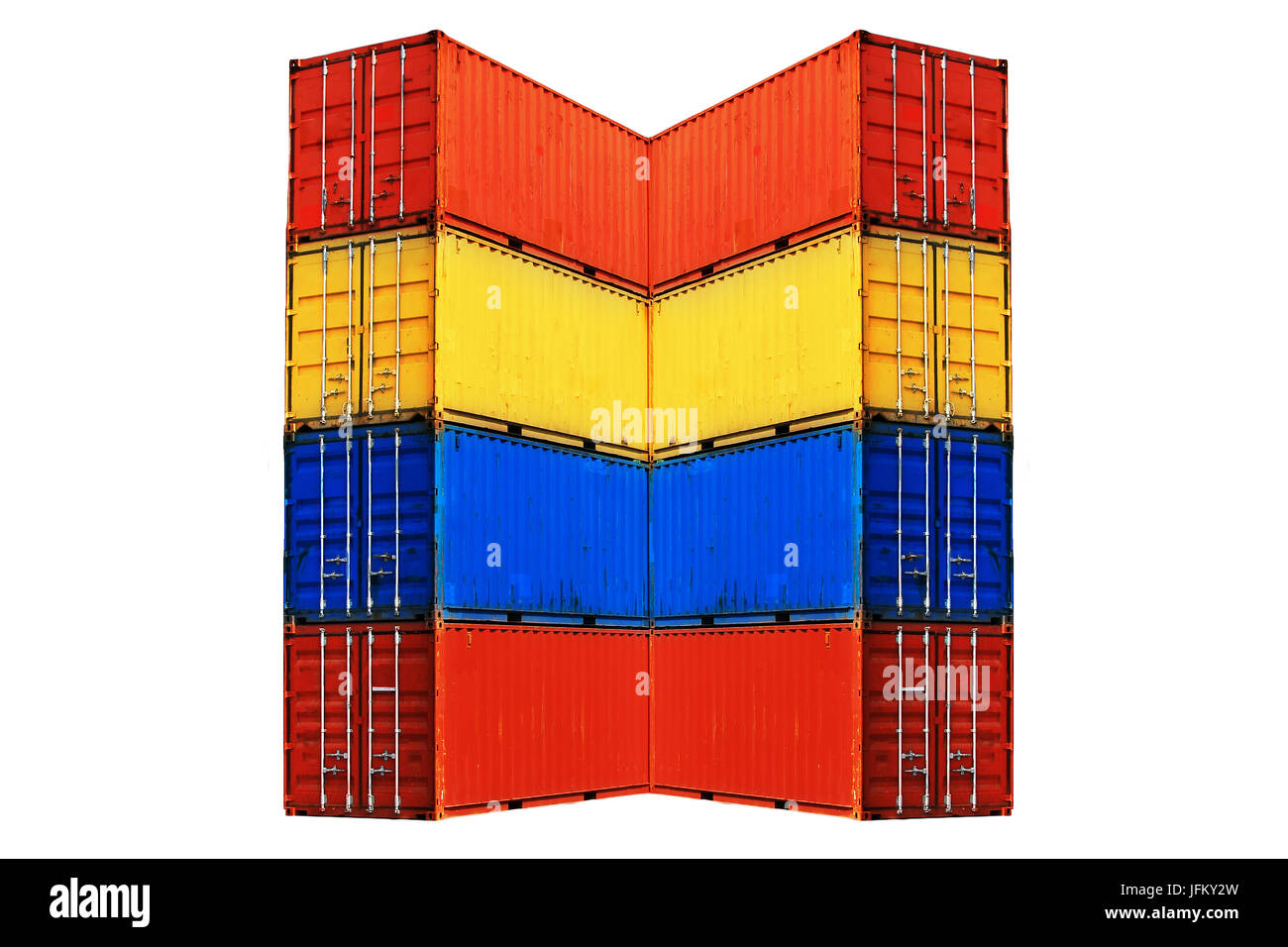 Zehn unterschiedlich farbige Container gestapelt Stockfoto