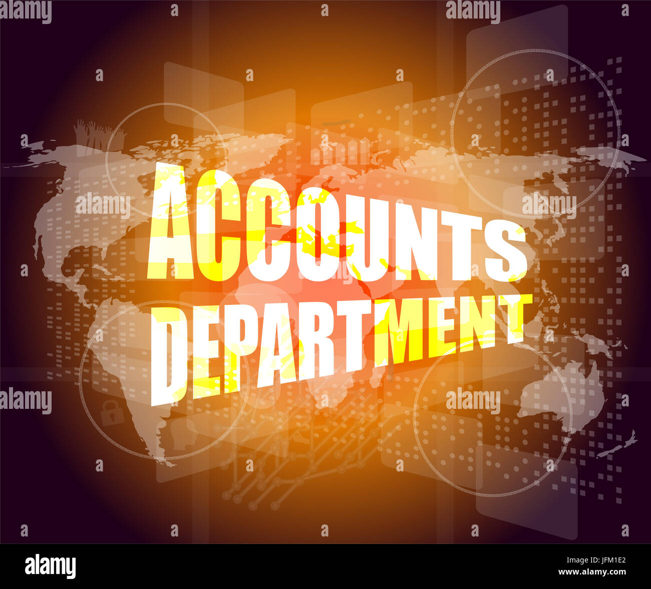 Konten-Abteilungen Wörter auf digitalen Bildschirmhintergrund mit Weltkarte Stockfoto