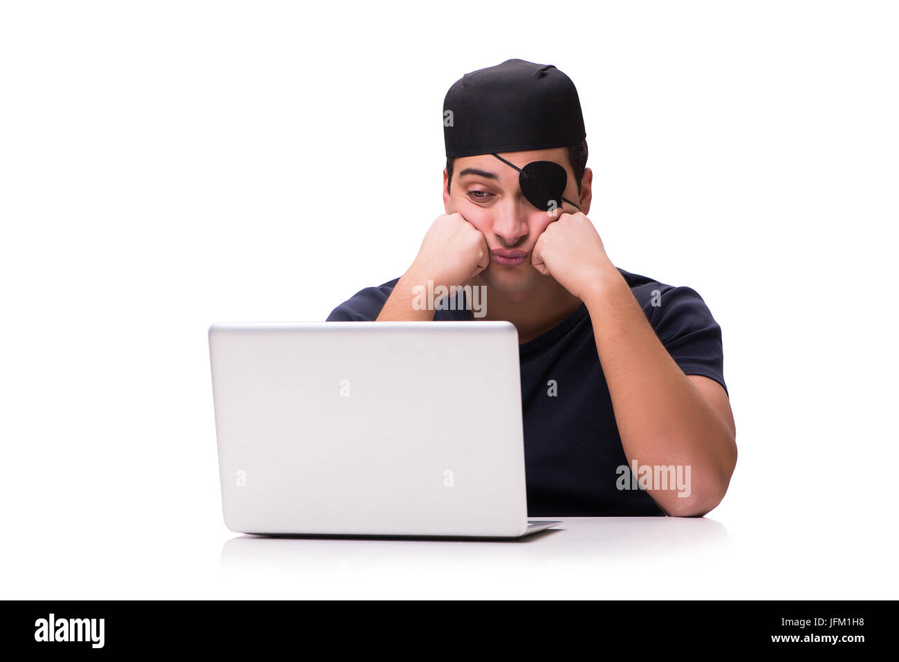 Digitalen Sicherheitskonzept mit Piraten isoliert auf weiss Stockfoto