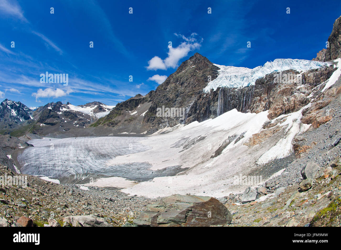 Das Eis in den Fellaria Gletscher hinunter aus der Bernina-Gruppe in Valmalenco, Lombardei Italien Europa Stockfoto
