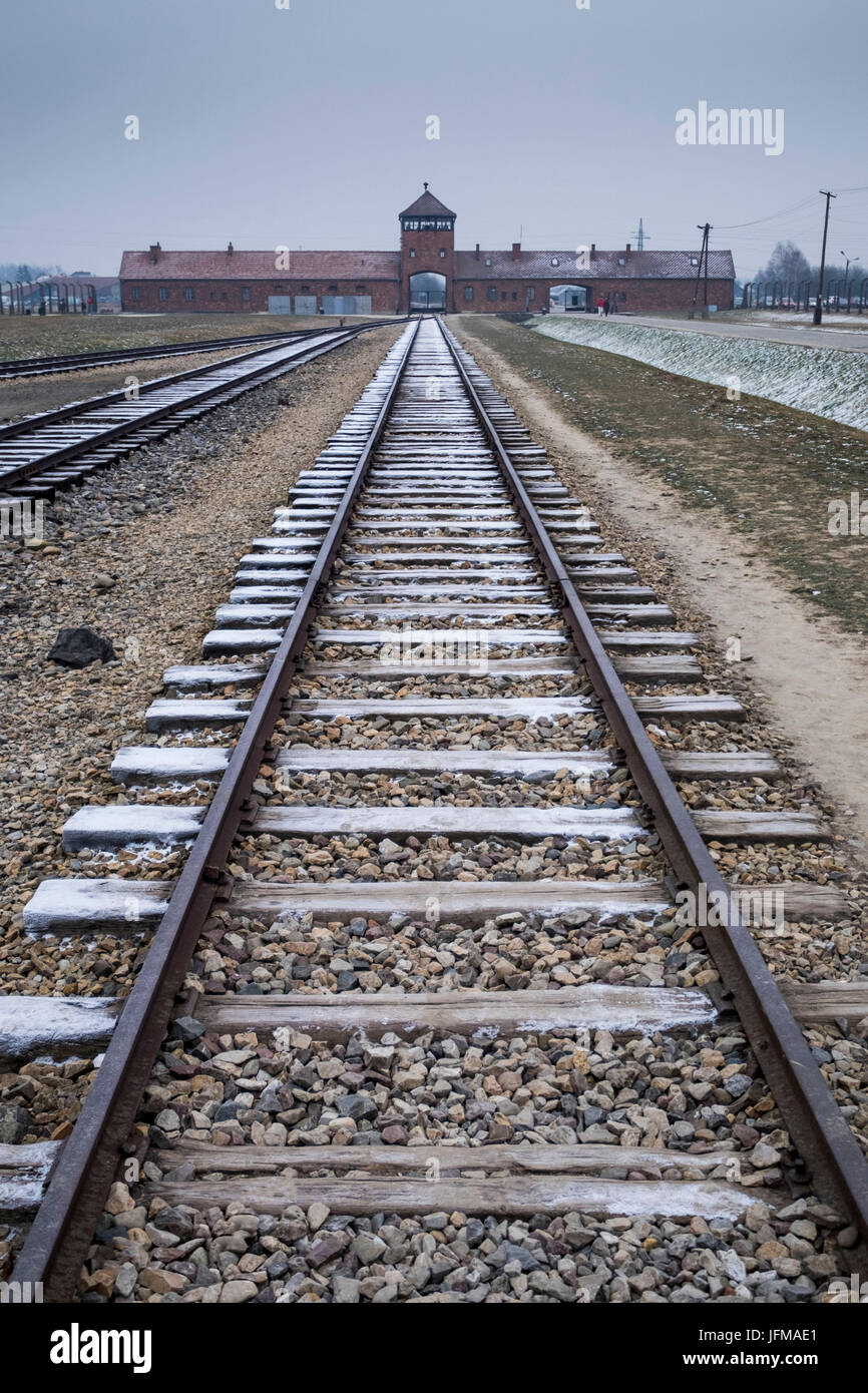 Auschwitz, Oswiecim, Birkenau, Birkenau, Polen, Nord-Ost-Europa, Eingang in der ehemaligen Nazi-Vernichtungslager, Stockfoto
