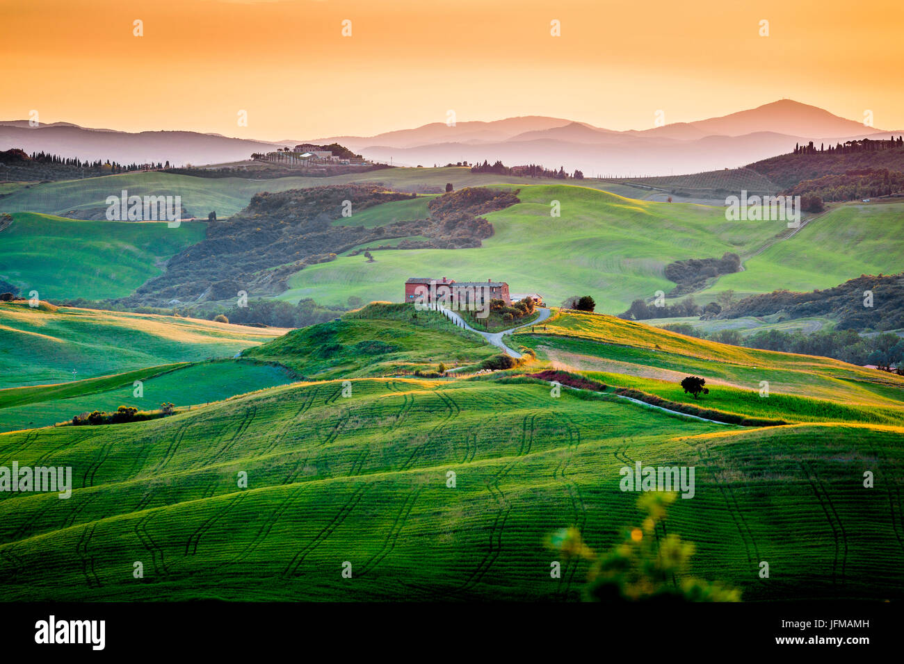 Val d ' Orcia, Toskana, Italien, einem einsamen Bauernhaus mit Zypressen und Olivenbäumen, sanften Hügeln, Stockfoto