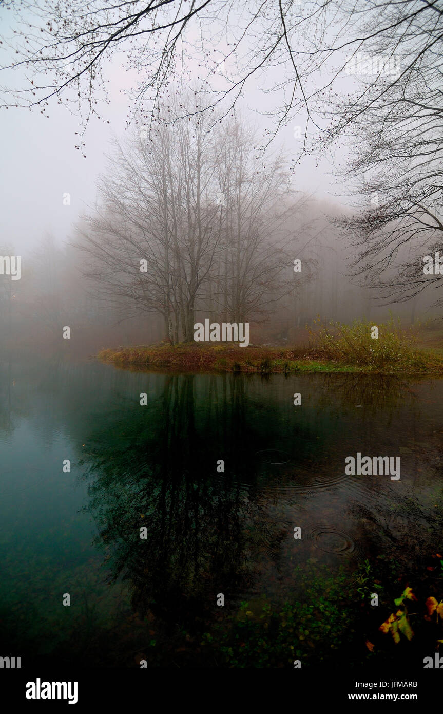 Der See Cavone liegt inmitten der regionalen Park von Corno Alle Scale, einen mystischen Nebel umgibt die Farben des Herbstes und Stockfoto