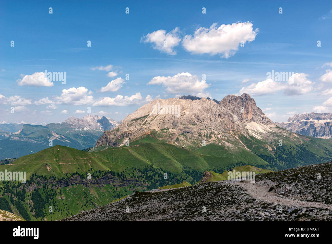 Sasso Piatto gesehen vom Pas de Dona, Dolomiten, Italien Stockfoto