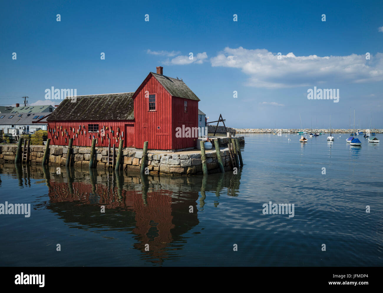 USA, Massachusetts, Cape Ann, Rockport, Rockport Hafen, Boote und Motiv Nummer eins, berühmten Angeln shack Stockfoto