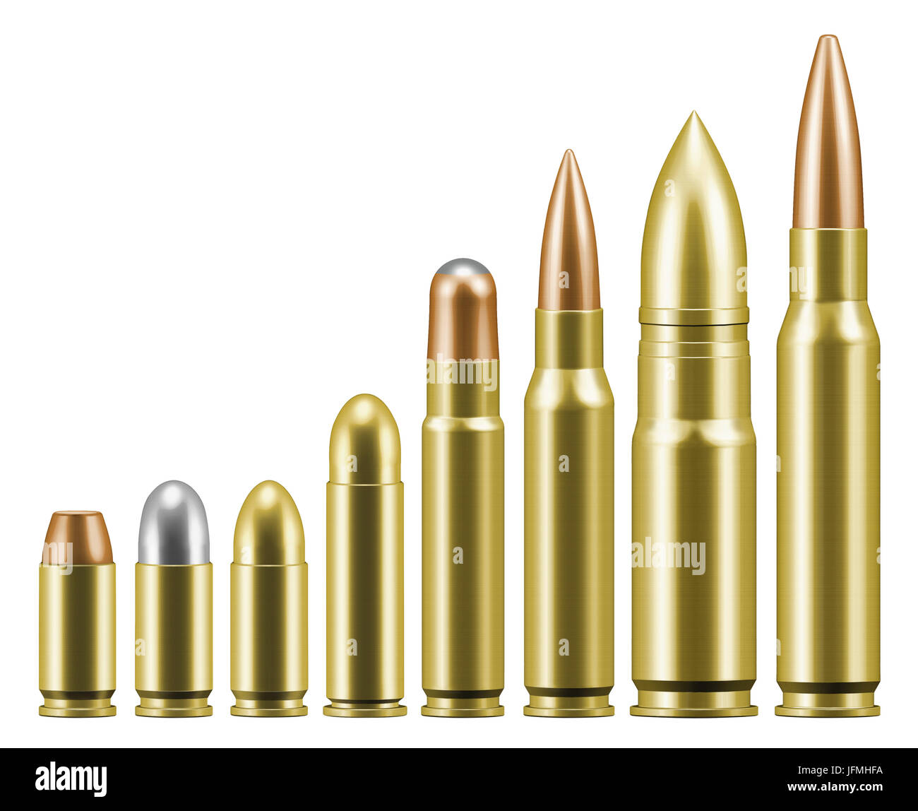 Linie von verschiedenen Kugeln Patronen für Pistolen und Gewehre Stockfoto