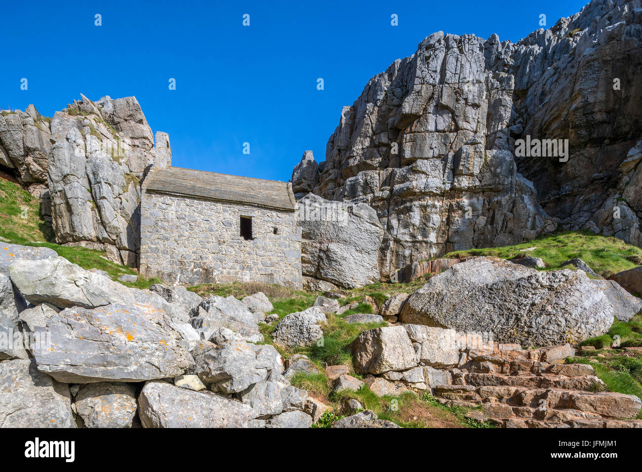 Kapelle St. Govan, ein 13. Jahrhundert geplante Ancient Monument in Pembrokeshire Coast National Park, Wales, Großbritannien, Europa Stockfoto