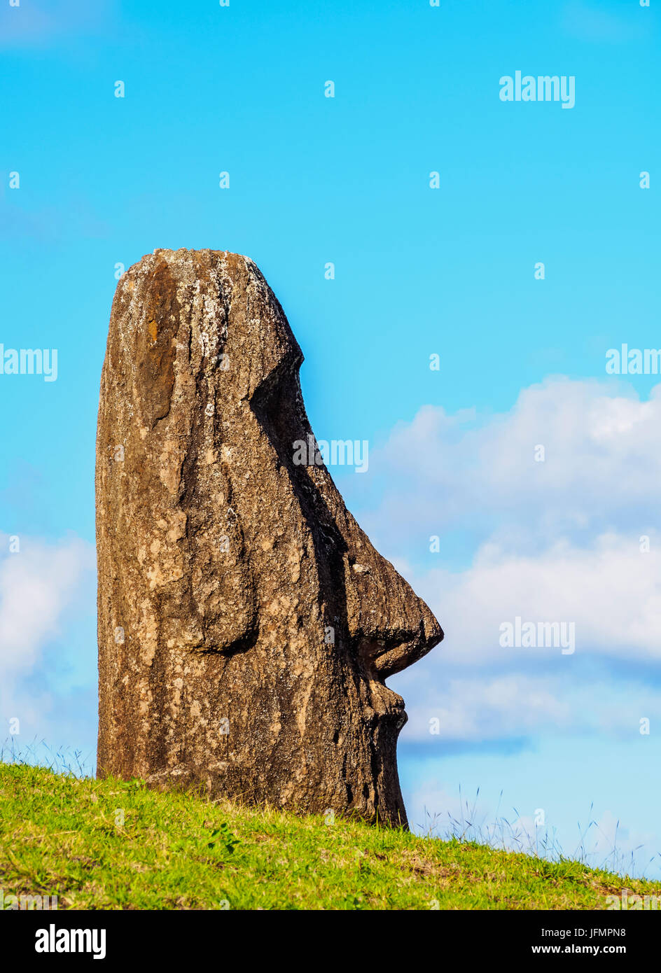 Moai am Steinbruch am Hang des Rano Raraku Vulkan Nationalpark Rapa Nui, Osterinsel, Chile Stockfoto