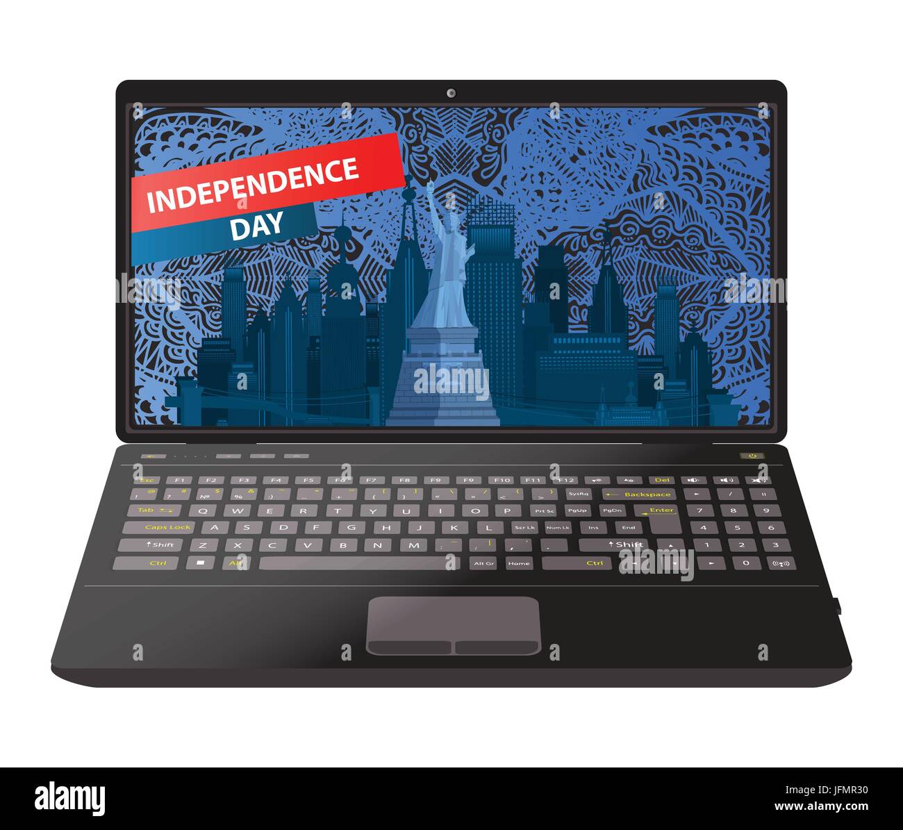 Unabhängigkeitstag USA. Die Stadt New York. Auf einem gemusterten Hintergrund aus einer Hand-Zeichnung-Vektor-Illustration für Ihr Design. Laptop auf whi Stock Vektor