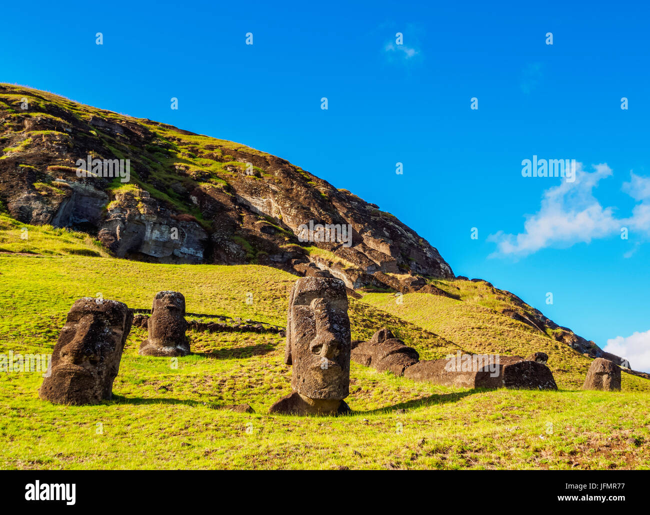 Moais am Steinbruch am Hang des Rano Raraku Vulkan Nationalpark Rapa Nui, Osterinsel, Chile Stockfoto