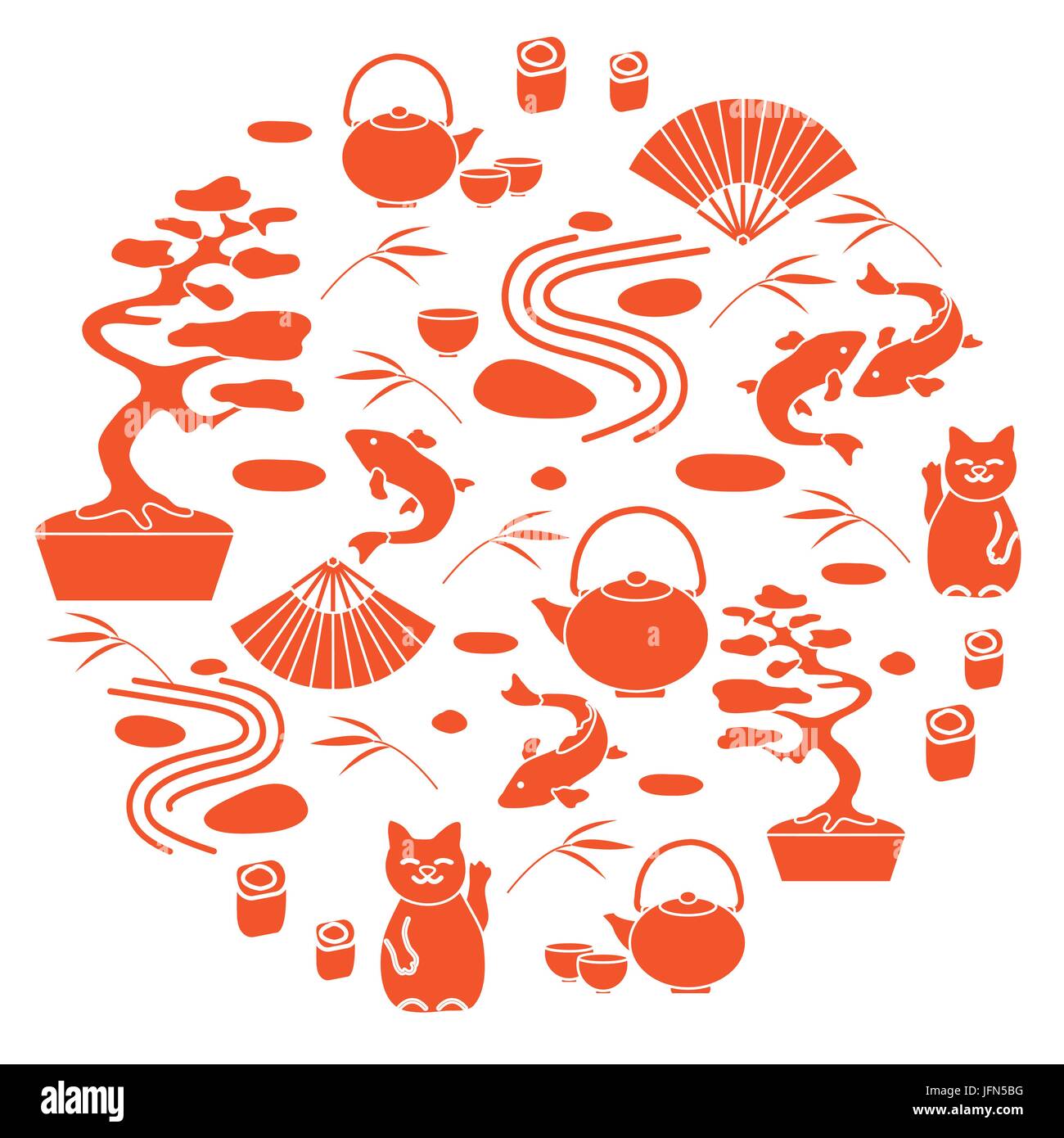 Niedliche Vektor-Illustration mit Bonsai-Baum, minimale Steingarten, japanischer glückliche Katze Maneki Neko, Koi Karpfen und andere in einem Kreis angeordnet. Reise- und le Stock Vektor