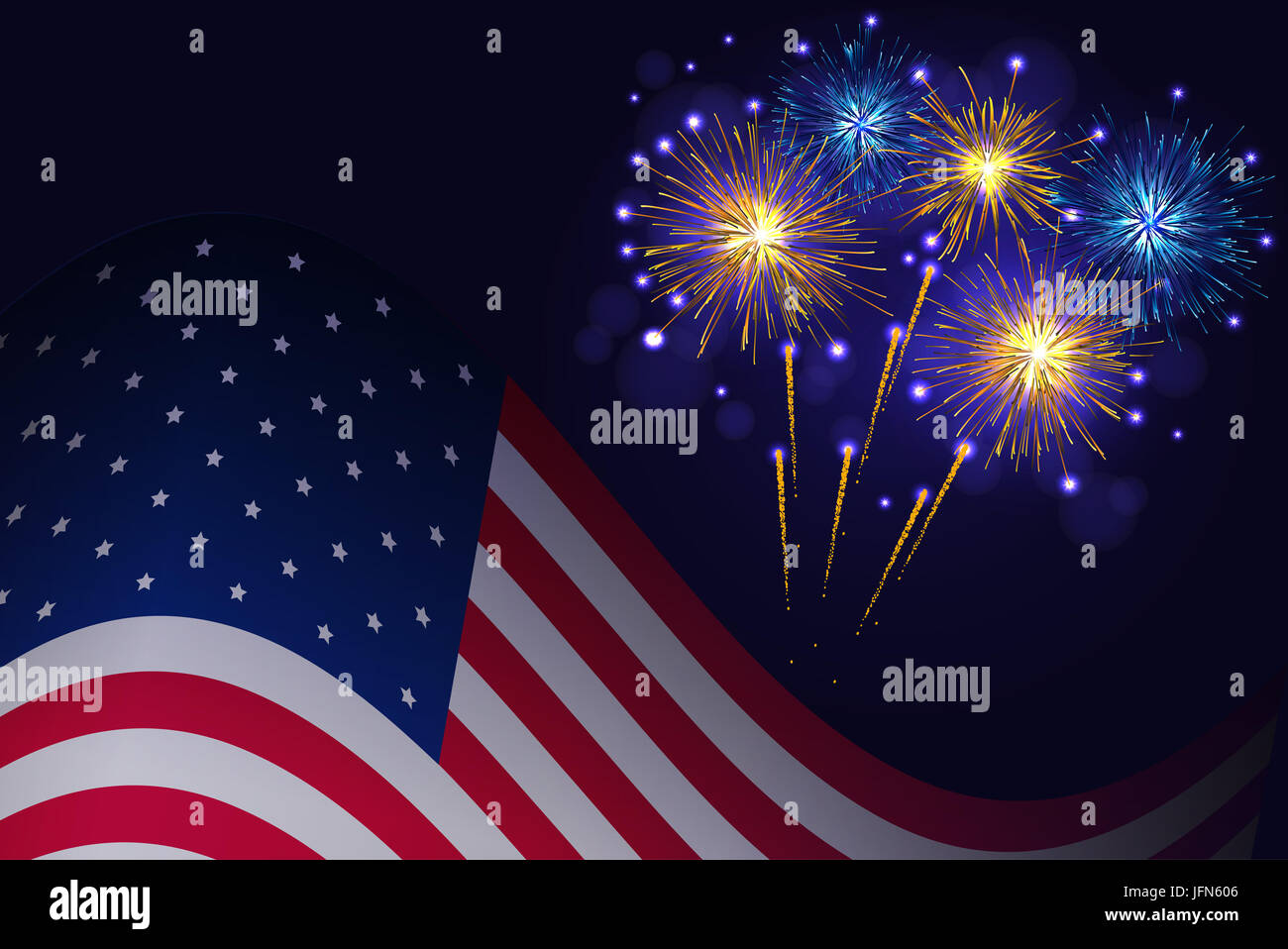 USA Flagge und Feier goldene blaues Feuerwerk Hintergrund. Independence Day, 4. Juli Urlaub Gruß Grußkarte. Stockfoto