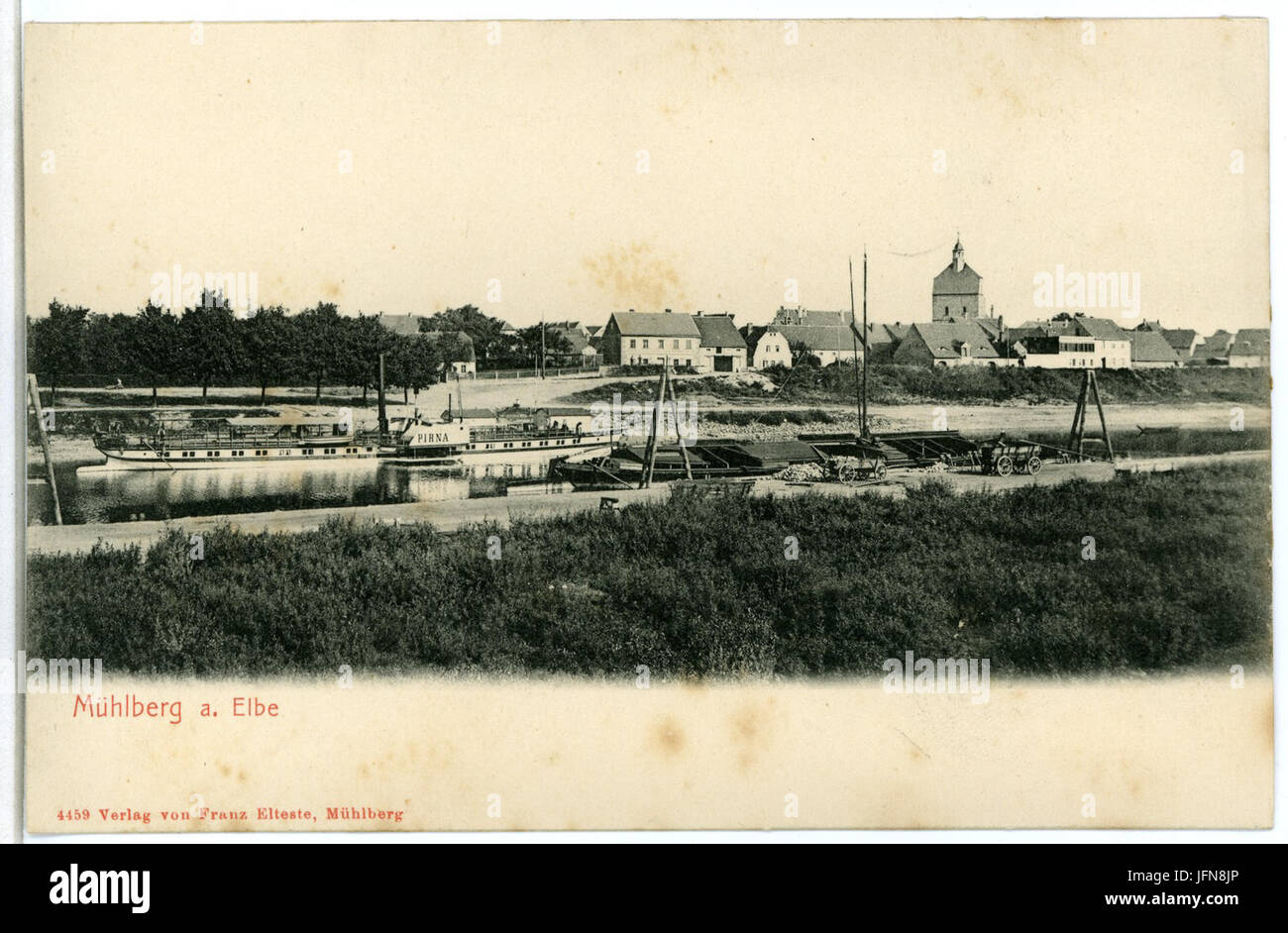04459-Mühlberg-1903-Blick Nach Mühlberg - Elbe Mit Damfer Pirna-Brück & Sohn Kunstverlag Stockfoto