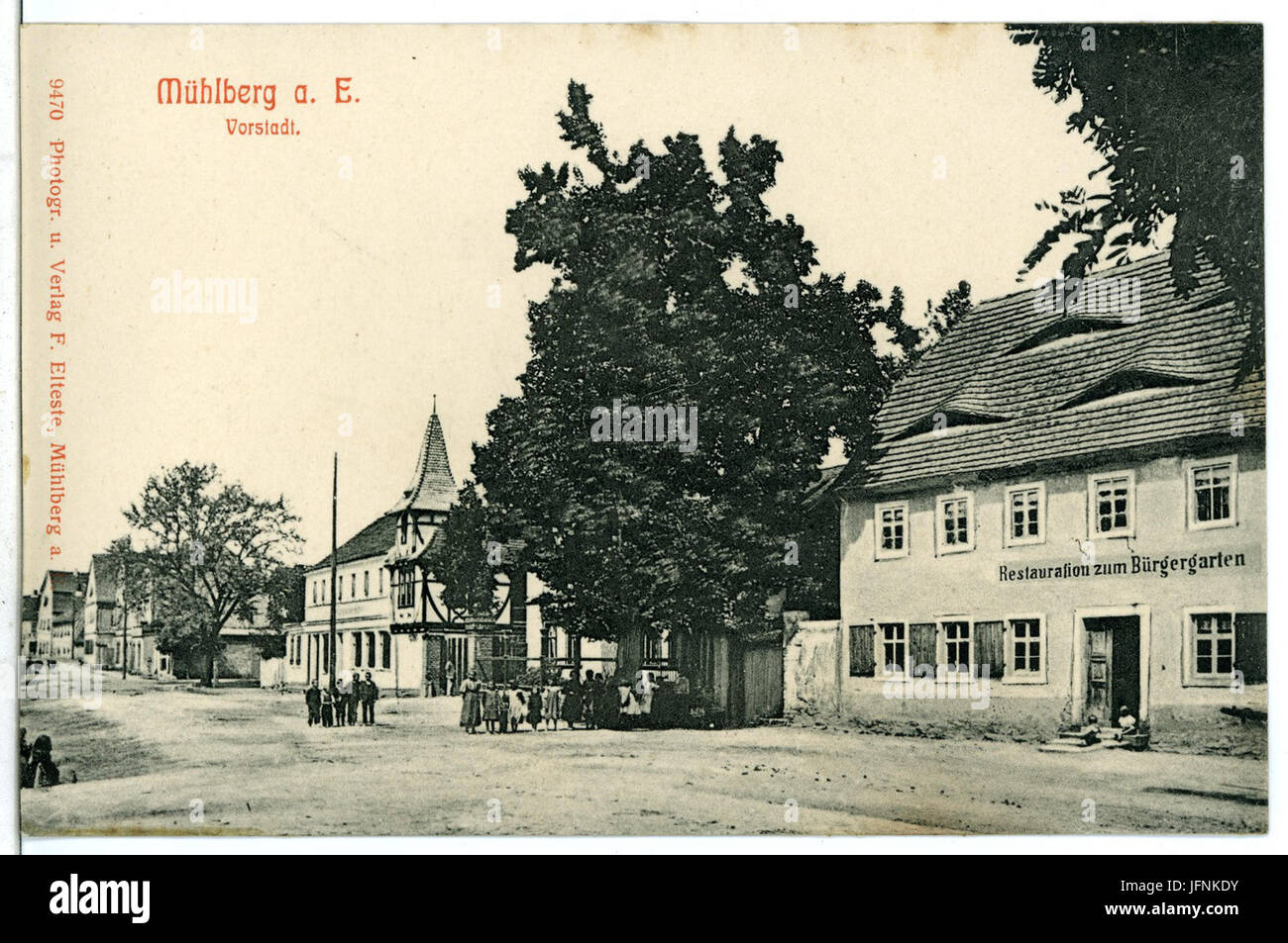 09470-Mühlberg-Elbe-1908-Vorstadt Mit Restauration Zum Bürgergarten-Brück & Sohn Kunstverlag Stockfoto